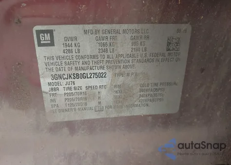 2016 Chevrolet Trax 1Ls z USA, uszkodzony, nr VIN 3GNCJKSB0GL275022